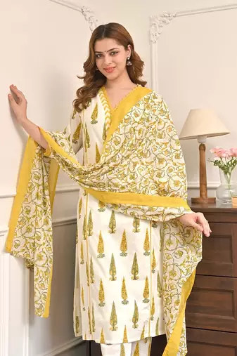 Women's Gorgeous Printed Work Cotton Fabric Straight Kurta Pant and Dupatta Set