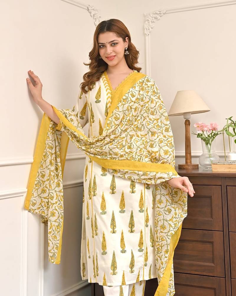 Women's Gorgeous Printed Work Cotton Fabric Straight Kurta Pant and Dupatta Set