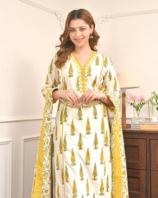 Women's Gorgeous Printed Work Cotton Fabric Straight Kurta Pant and Dupatta Set 4