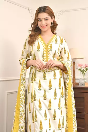 Women's Gorgeous Printed Work Cotton Fabric Straight Kurta Pant and Dupatta Set
