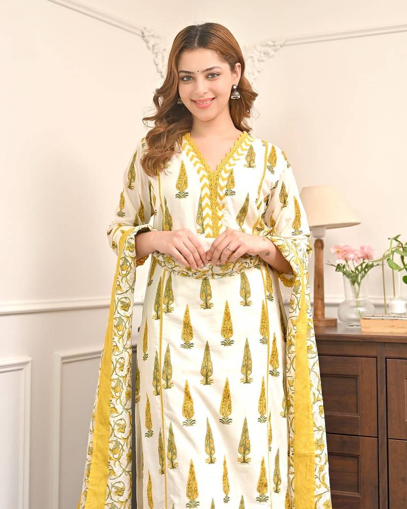 Women's Gorgeous Printed Work Cotton Fabric Straight Kurta Pant and Dupatta Set