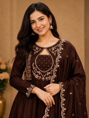 Designer traditional chinon fabric heavy embroidery kurta set with dupatta 4
