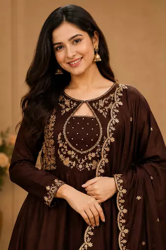 Designer traditional chinon fabric heavy embroidery kurta set with dupatta