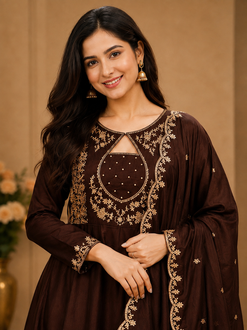 Designer traditional chinon fabric heavy embroidery kurta set with dupatta