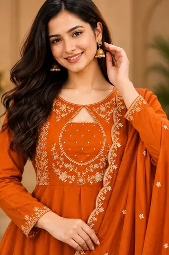 Designer traditional chinon fabric heavy embroidery kurta set with dupatta