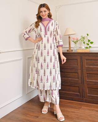 Women's Gorgeous Printed Work Cotton Fabric Straight Kurta Pant and Dupatta Set 1