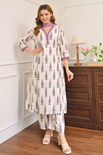 Women's Gorgeous Printed Work Cotton Fabric Straight Kurta Pant and Dupatta Set