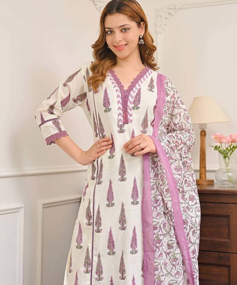 Women's Gorgeous Printed Work Cotton Fabric Straight Kurta Pant and Dupatta Set