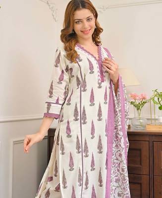 Women's Gorgeous Printed Work Cotton Fabric Straight Kurta Pant and Dupatta Set 4