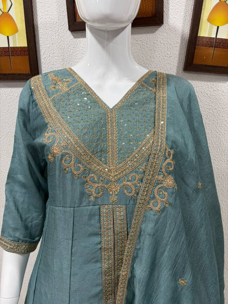 Designer traditional chinon fabric heavy embroidery kurta set with dupatta