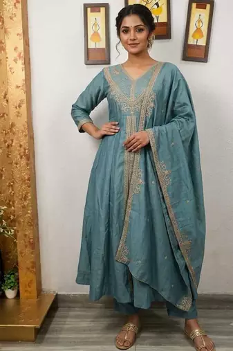 Designer traditional chinon fabric heavy embroidery kurta set with dupatta