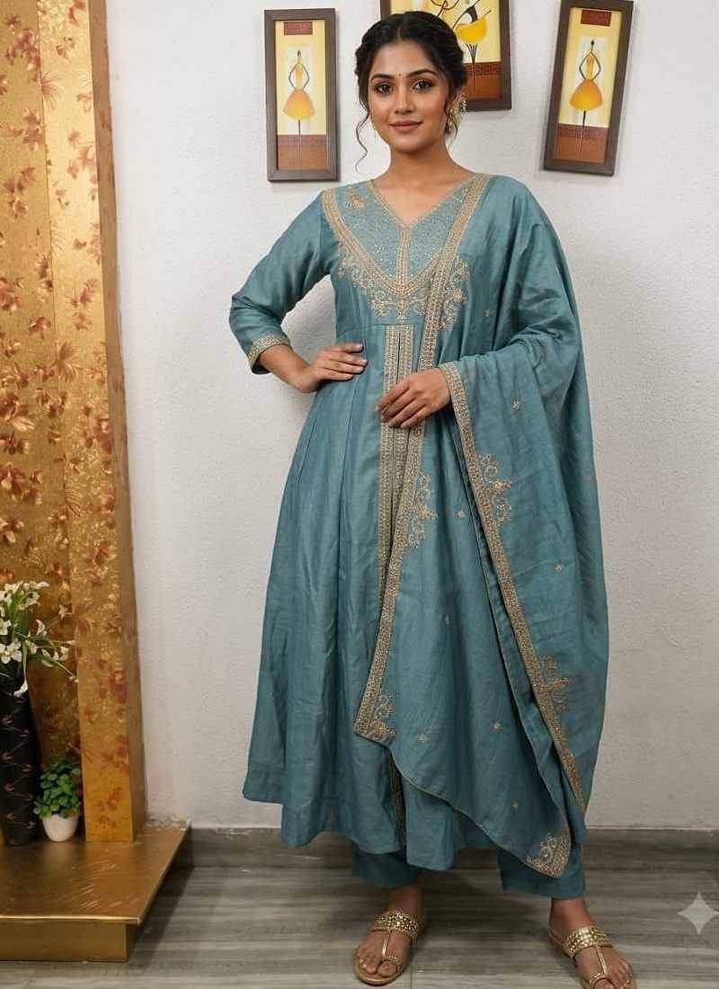 Designer traditional chinon fabric heavy embroidery kurta set with dupatta