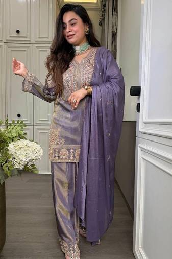 Lavendar embroidered silk kurta with palazzo and dupatta set for women