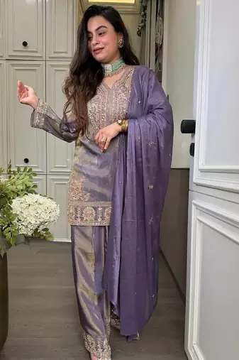 Lavendar embroidered silk kurta with palazzo and dupatta set for women