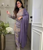 Lavendar embroidered silk kurta with palazzo and dupatta set for women