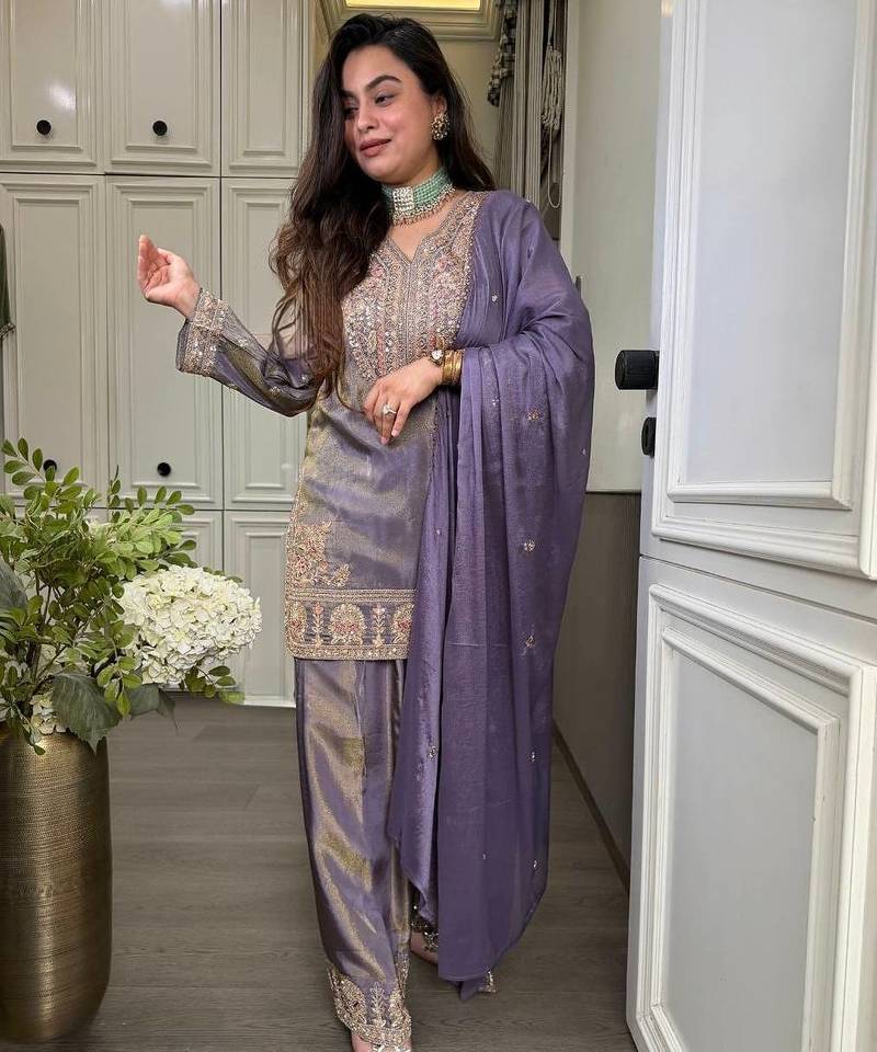 Lavendar embroidered silk kurta with palazzo and dupatta set for women