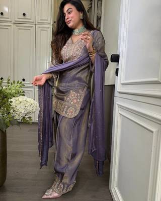 Lavendar embroidered silk kurta with palazzo and dupatta set for women 2
