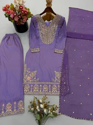 Lavendar embroidered silk kurta with palazzo and dupatta set for women 4