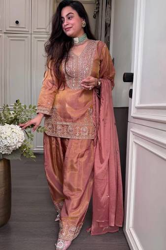 Peach embroidered silk kurta with palazzo and dupatta set for women