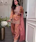 Peach embroidered silk kurta with palazzo and dupatta set for women