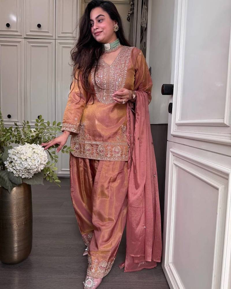 Peach embroidered silk kurta with palazzo and dupatta set for women