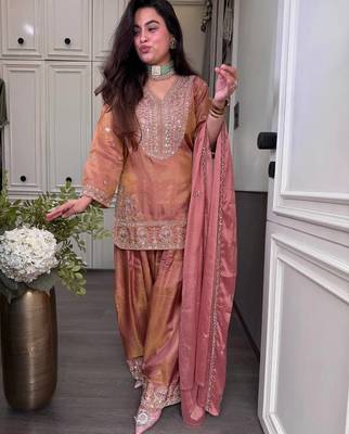Peach embroidered silk kurta with palazzo and dupatta set for women 2