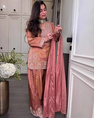 Peach embroidered silk kurta with palazzo and dupatta set for women 3