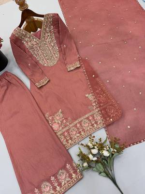 Peach embroidered silk kurta with palazzo and dupatta set for women 4