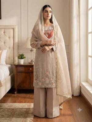 Beige heavy embroidered kurti pant set with lace dupatta for festive wear 1