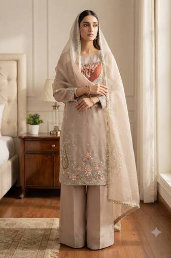 Beige heavy embroidered kurti pant set with lace dupatta for festive wear