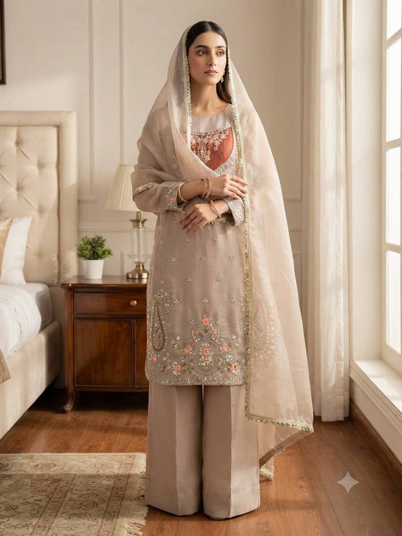 Beige heavy embroidered kurti pant set with lace dupatta for festive wear