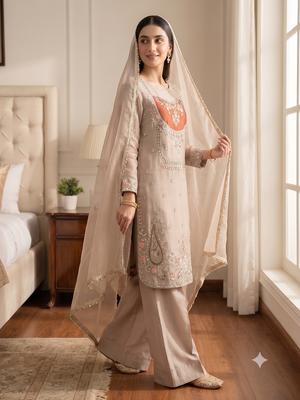 Beige heavy embroidered kurti pant set with lace dupatta for festive wear 2