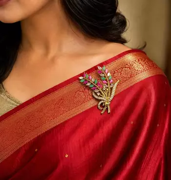 Multicolor Floral Saree Brooch, Kundan Style, Bridal Wedding Jewelry 1