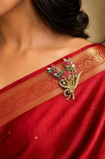 Multicolor Floral Saree Brooch, Kundan Style, Bridal Wedding Jewelry