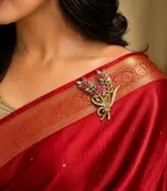 Multicolor Floral Saree Brooch, Kundan Style, Bridal Wedding Jewelry