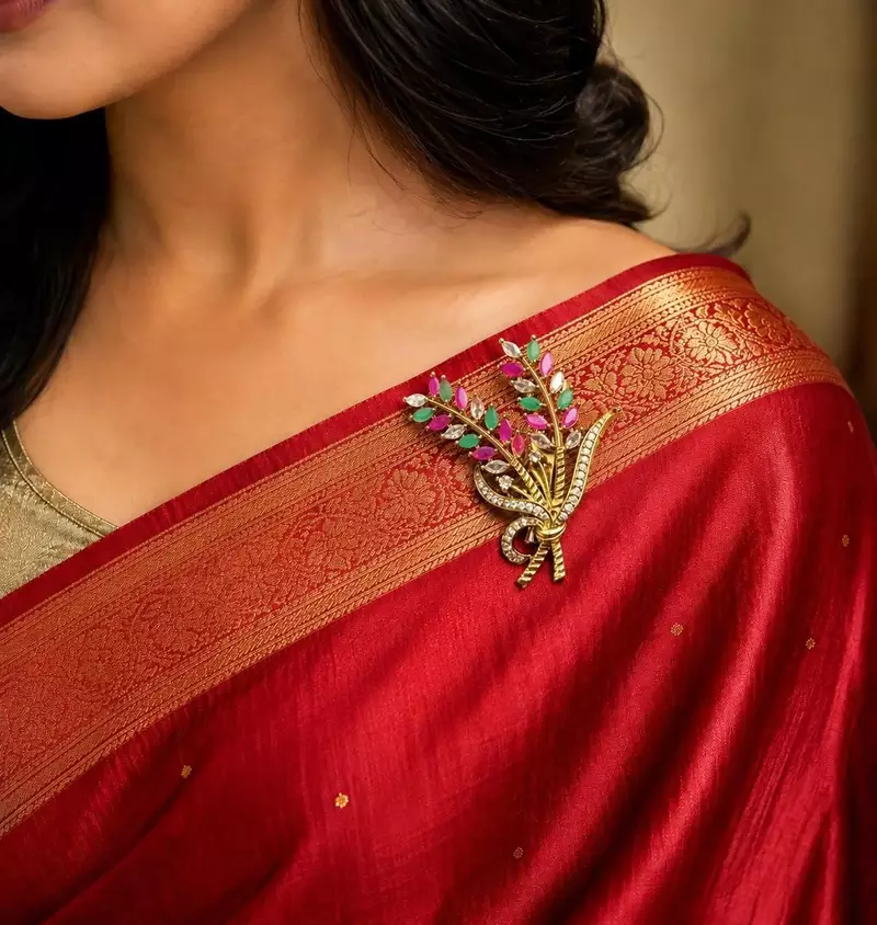 Multicolor Floral Saree Brooch, Kundan Style, Bridal Wedding Jewelry