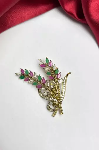 Multicolor Floral Saree Brooch, Kundan Style, Bridal Wedding Jewelry
