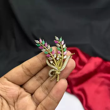 Multicolor Floral Saree Brooch, Kundan Style, Bridal Wedding Jewelry 3