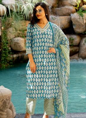 Mirchi Fashion Women's Teal Paisley Batik Print Pure Cotton Kurti With Bottom & Dupatta set 1