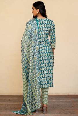 Mirchi Fashion Women's Teal Paisley Batik Print Pure Cotton Kurti With Bottom & Dupatta set 2