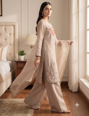 Beige heavy embroidered kurti pant set with lace dupatta for festive wear 3