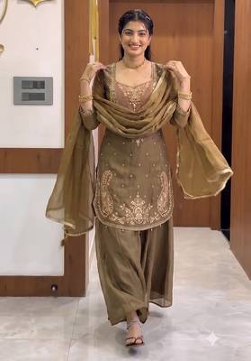 Gold heavy embroidered kurti pant set with lace dupatta for festive wear 1