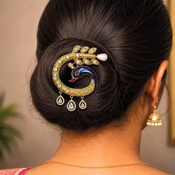 Peacock Juda Hair Brooch, Indian Bridal Kundan Hair Pin, Wedding Bun Accessory 1