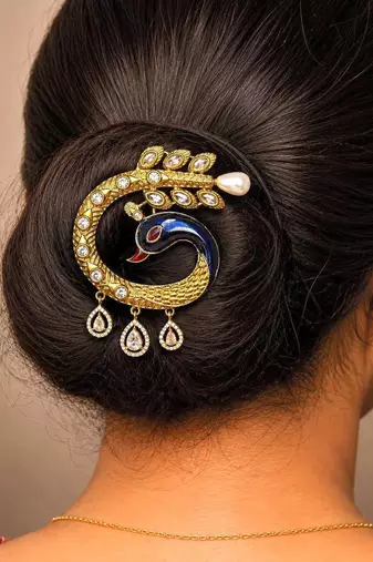 Peacock Juda Hair Brooch, Indian Bridal Kundan Hair Pin, Wedding Bun Accessory