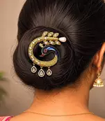 Peacock Juda Hair Brooch, Indian Bridal Kundan Hair Pin, Wedding Bun Accessory
