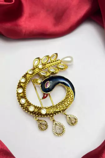 Peacock Juda Hair Brooch, Indian Bridal Kundan Hair Pin, Wedding Bun Accessory