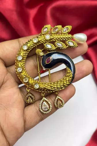 Peacock Juda Hair Brooch, Indian Bridal Kundan Hair Pin, Wedding Bun Accessory