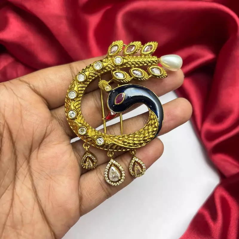 Peacock Juda Hair Brooch, Indian Bridal Kundan Hair Pin, Wedding Bun Accessory
