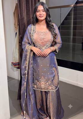 Lavendar heavy embroidered kurti pant set with lace dupatta for festive wear 1