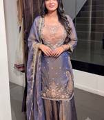 Lavendar heavy embroidered kurti pant set with lace dupatta for festive wear